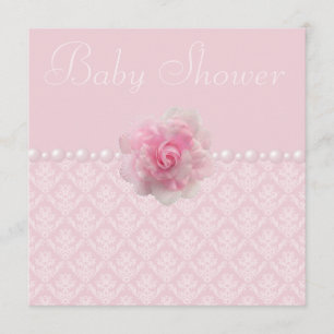  Roze Damask, Roos & Parels Baby shower Kaart