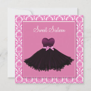 Roze Damask Roze Sweet Sixteen Birthday Party Kaart