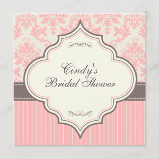 Roze Damask & Stripe Bridal Shower Invitation Kaart