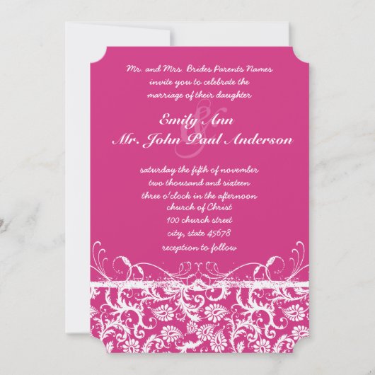 Roze Damask Swirls Wedding Invitation Kaart (Voorkant)