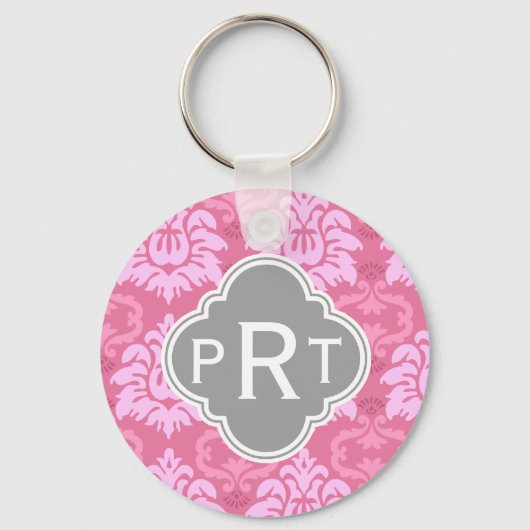 Roze Damask Trio Monogram Sleutelhanger (Voorkant)
