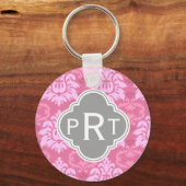 Roze Damask Trio Monogram Sleutelhanger (Voorkant)