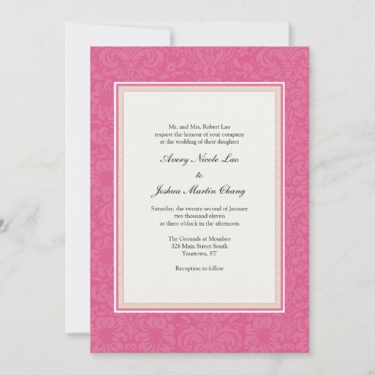 Roze Damask Wedding Kaart (Voorkant)
