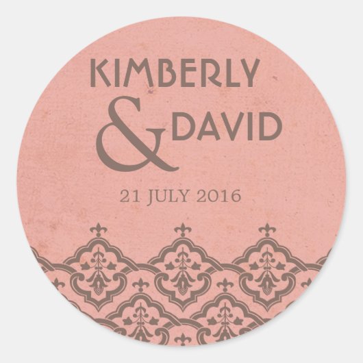 Roze  Damask Wedding Label (Voorkant)