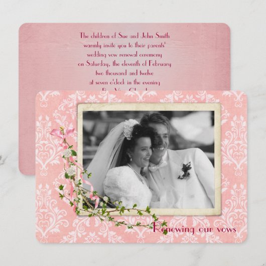 Roze Damask Wedding Vow Renewal Kaart (Voorkant / Achterkant)