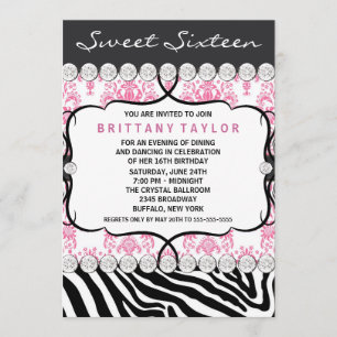 Roze Damask Zebra Sweet Sixteen Verjaardagsfeestje Kaart