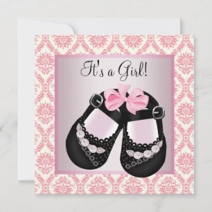 Roze Damask Zwarte Schoenen Roze Damask Baby Girl  Kaart