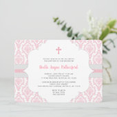 Roze Damaskus Doop of Eerste Communie uitnodiging (Staand voorkant)