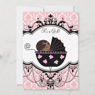Roze Damast Afro-Amerikaanse Baby Meisje Shower Kaart