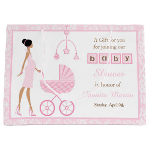 Roze Damast Afro-Amerikaanse Vrouw Baby Shower Groot Cadeauzakje