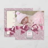 Roze Damast Baby Meisje Foto Doopfeest Kaart (Voorkant / Achterkant)