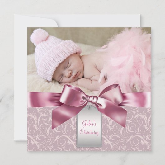 Roze Damast Baby Meisje Foto Doopfeest Kaart (Voorkant)