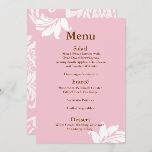 Roze Damast bruiloft Menu (Voorkant / Achterkant)