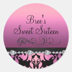 Roze Damast & Diamanten Sweet 16 Sticker