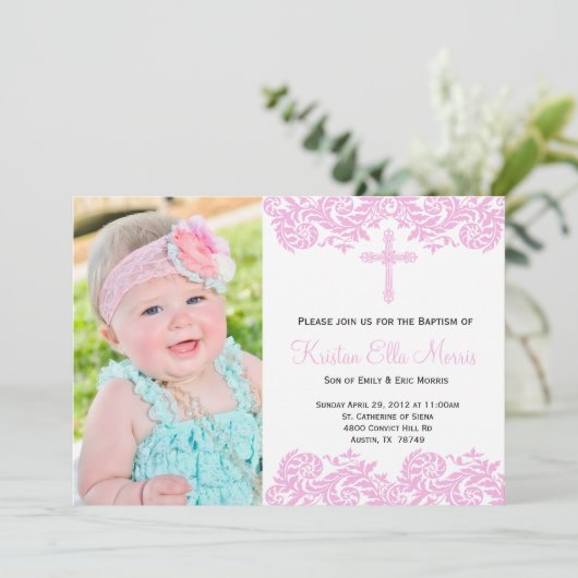 Roze Damast doop uitnodiging (Staand voorkant)
