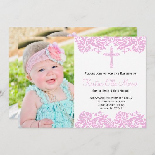 Roze Damast doop uitnodiging (Voorkant / Achterkant)