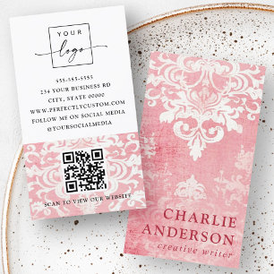 Roze damast floral logo QR code Visitekaartje