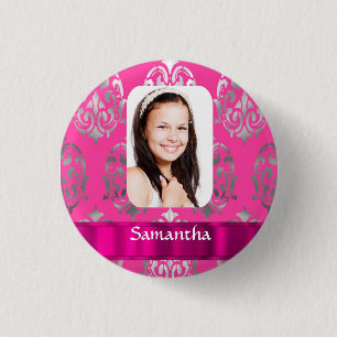 Roze damast gepersonaliseerde foto sjabloon ronde button 3,2 cm