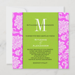 Roze Damast Groene Monogram Bruiloft Uitnodiging