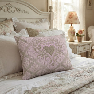 Roze Damast Met Hart Accent Kussen