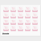 Roze Damast Vierkante Bruiloft Stickers (Vel)