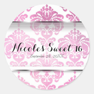 Roze Damast Vintage Glamour Trouwfeest Favorietie  Ronde Sticker