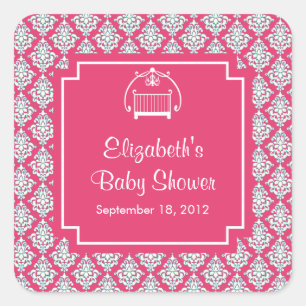 Roze Damast Wieg Baby shower Vierkante Sticker