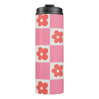 Roze dambord bloemmotief reismok | Retro bloem Thermosbeker