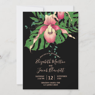 Roze dame Slipper Orchid Black Wedding Kaart