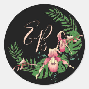 Roze Dame Slipper Orchidee Initialen Classic Ronde Sticker