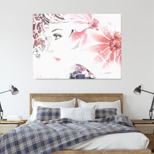 Roze dame, Vrouw profiel gezicht met bloemen Canvas Afdruk (Insitu (Slaapkamer))