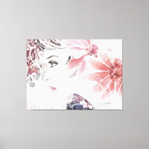 Roze dame, Vrouw profiel gezicht met bloemen Canvas Afdruk