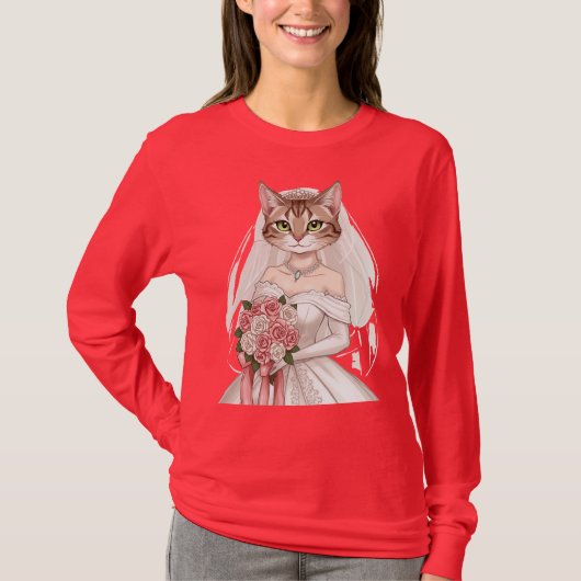 Roze Dames T-Shirt met Cute Bride Cat Design - (Voorkant)