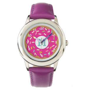 Roze dameshorloge met schattige roze gelaatsdonut horloge