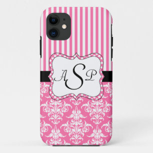 Roze damesstripes - Gepersonaliseerd monogram iPhone 11 Hoesje