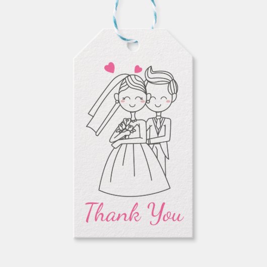 Roze dank u bruiloft bruid & bruidegom Cartoon Cadeaulabel (Voorkant)