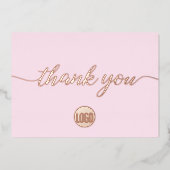 Roze Dankjewel Script Custom Logo Roze Goud Folie Feestdagenkaart (Voorkant)