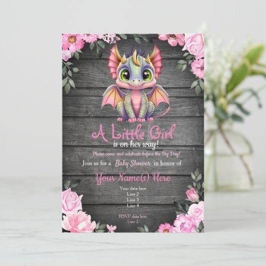 Roze Dargon Baby shower-uitnodiging, roesterig Kaart (Staand voorkant)