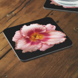 Roze Daylily Bloom op Black Floral Bier Onderzetter