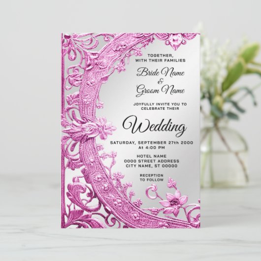 Roze decoratieve bloemenbruiloft uitnodiging (Staand voorkant)