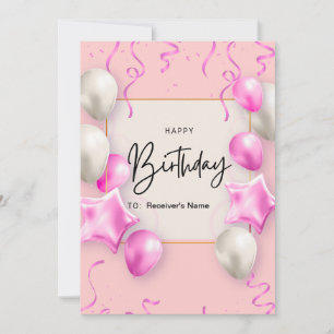 Roze Delicate Baloons Stars Verjaardag Kaart