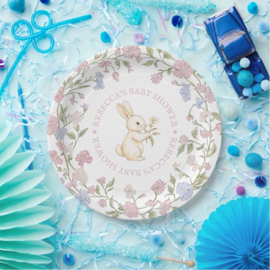Roze Delicate Floral Bunny Baby shower Papieren Bordje (Feest)