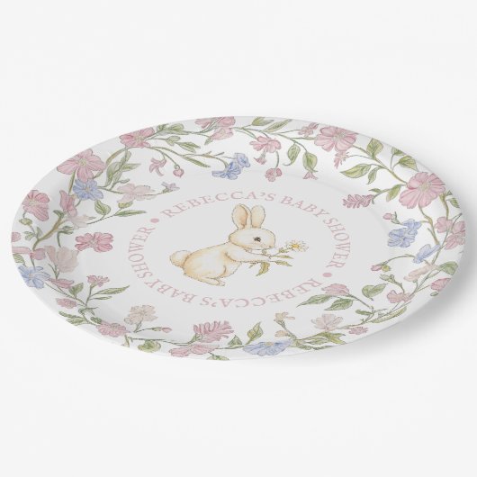 Roze Delicate Floral Bunny Baby shower Papieren Bordje (Gekanteld)