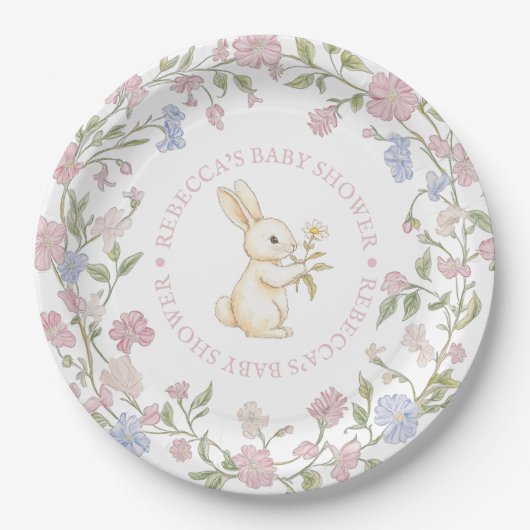 Roze Delicate Floral Bunny Baby shower Papieren Bordje (Voorkant)