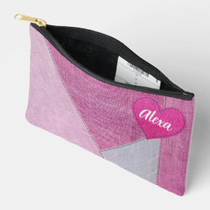 Roze denim hart met naam etui