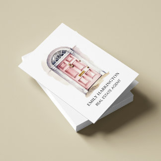 Roze Deur Watercolor QR Code Makelaar Visitekaartjes
