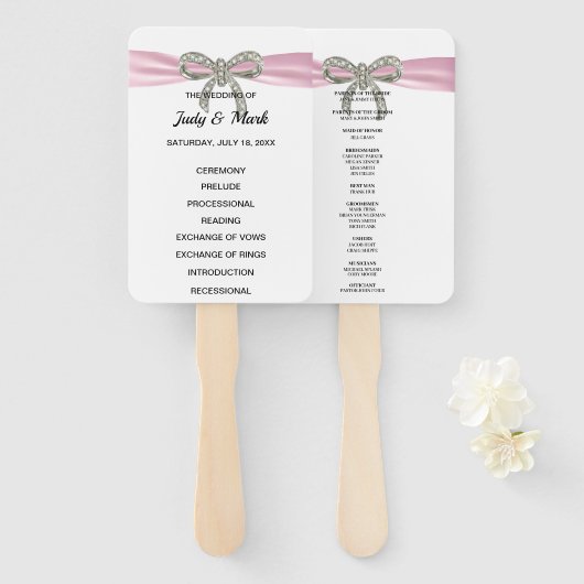 Roze Diamant Bow Trouwprogramma Handwaaier (Voorkant en achterkant)