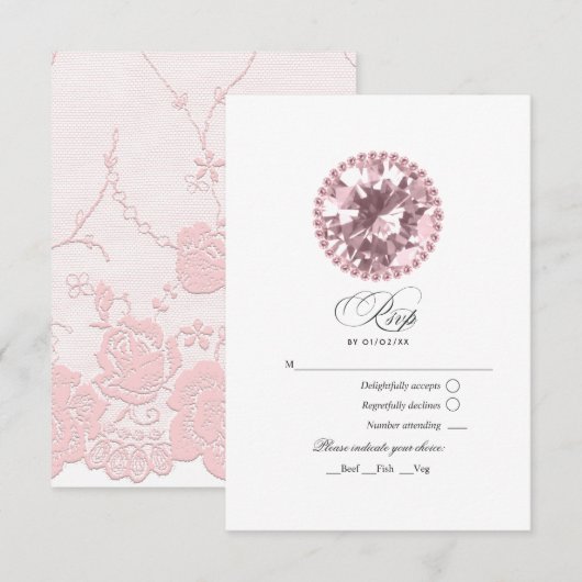 Roze Diamant Quinceañera RSVP Kaartje (Voorkant / Achterkant)