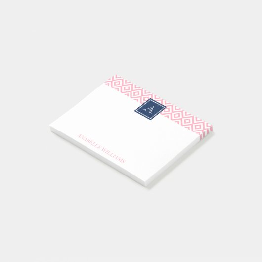 Roze diamanten patroon en marinemonogram post-it® notes (Schuin)