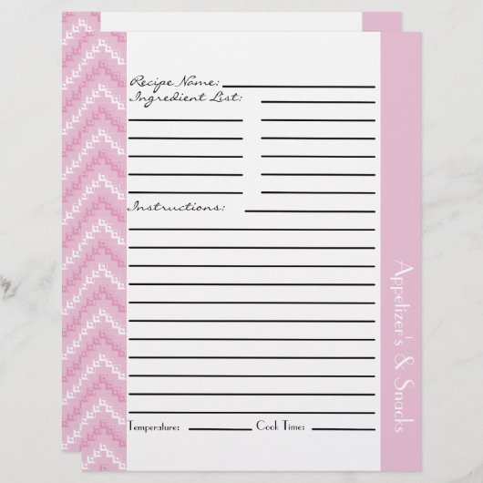 Roze Diamond Zigzag Chevrons Recipe Sheets (Voorkant / Achterkant)